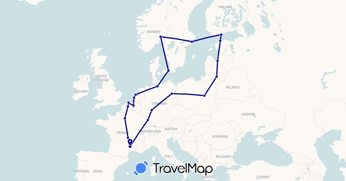 TravelMap itinerary: driving in Belgium, Germany, Denmark, Estonia, Finland, France, Lithuania, Latvia, Netherlands, Norway, Poland, Sweden (Europe)