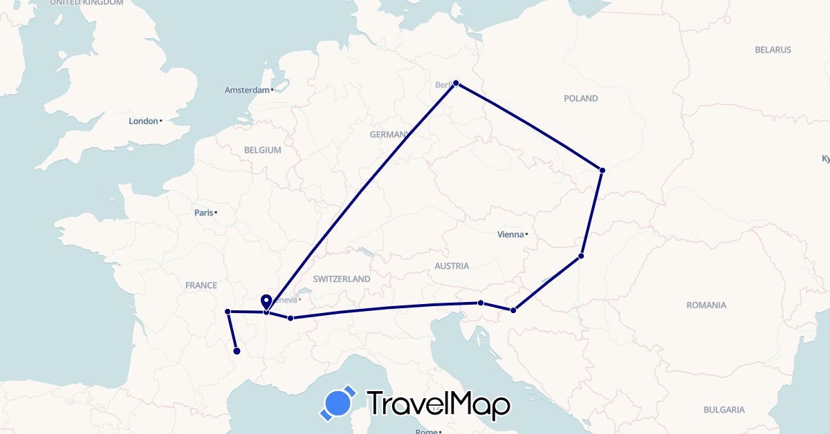TravelMap itinerary: driving in Germany, France, Croatia, Hungary, Poland, Slovenia (Europe)